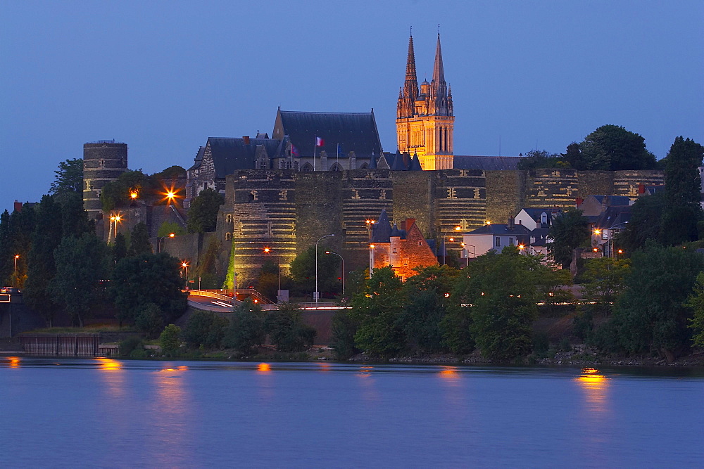 Angers Castle in the early evening and river, La Maine, Angers, Department Maine et Loire, France, Europe