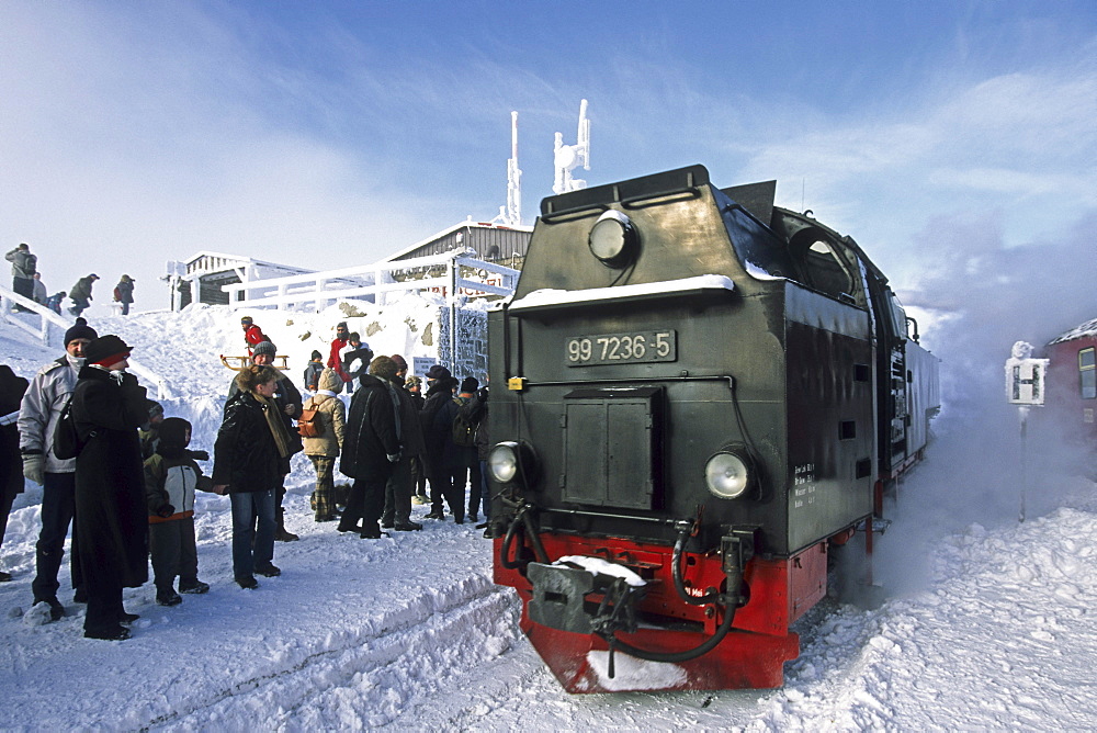 Brocken moutain summit railway station, Harz Mountains, Lower Saxony, northern Germany, steam engine, winter, Brockenbahn