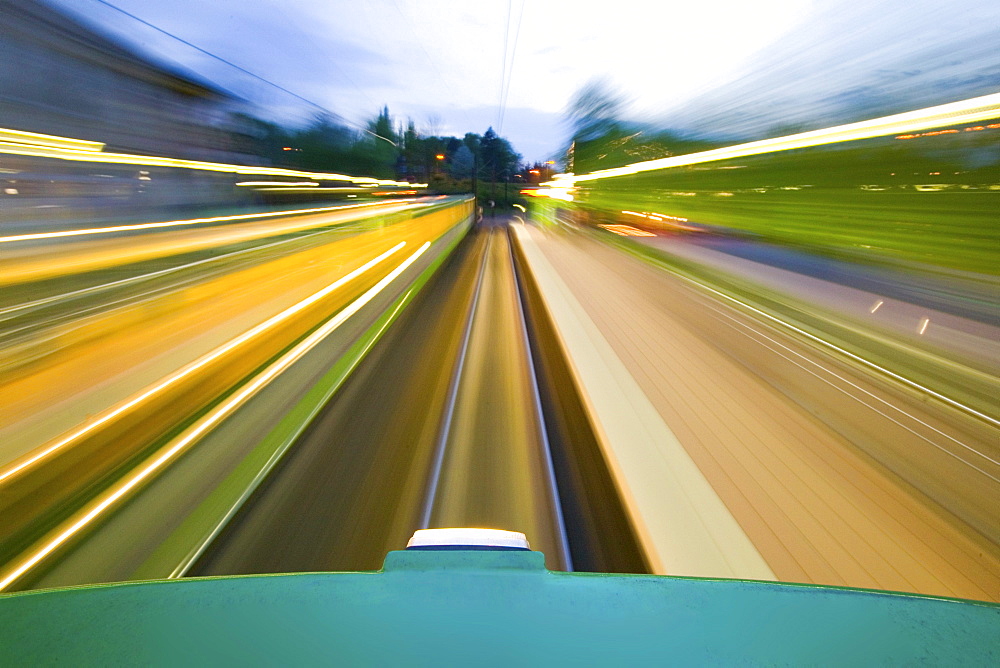 view from roof of moving tram, speed, mobility, local public transport, uestra, Hanover, Lower Saxony, Germany