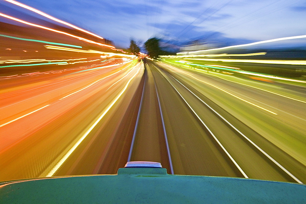 view from roof of moving tram, speed, mobility, local public transport, uestra, Hanover, Lower Saxony, Germany