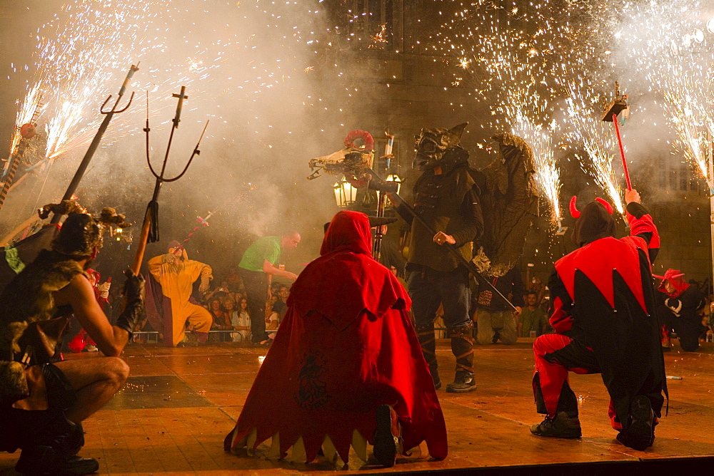 Correfoc, fireworks, Festa de la Merce, city festival, September, Placa de Sant Jaume, Barri Gotic, Ciutat Vella, Barcelona, Spain