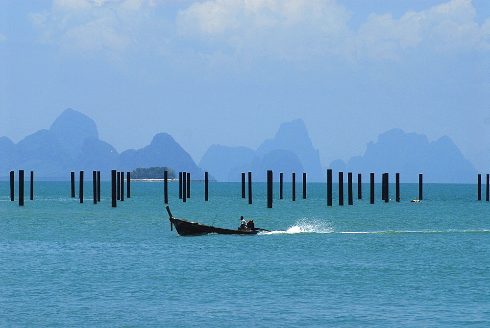 View from Ao Po over the bay of Phang Nga with stilts for the new marina, Phuket, Thailand