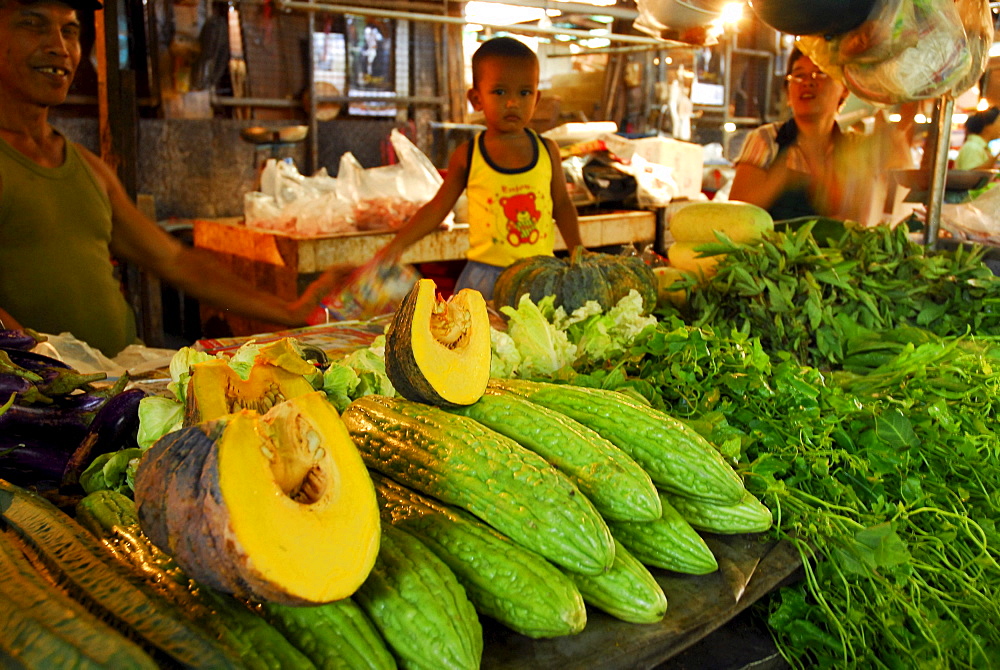 Pumpkins, cucumbers and vegetables at the main market, Phuket Town, Thailand