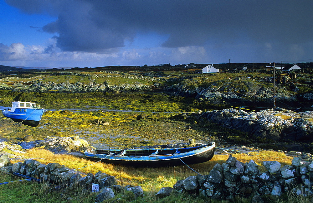 Coastal landscape with fishing boats, Lettermullan peninsula, Connemara, Co. Galway, Ireland, Europe