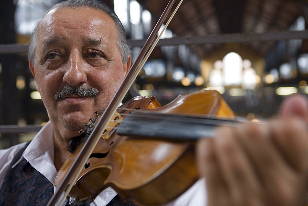 Gypsy Violinist in Central Market Hall, Pest, Budapest, Hungary