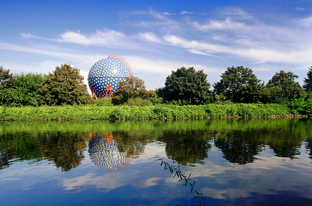 Gas tank in the shape of a ball, Rhine Herne Canal, Ruhr Valley, Ruhr, Northrhine Westphalia, Germany