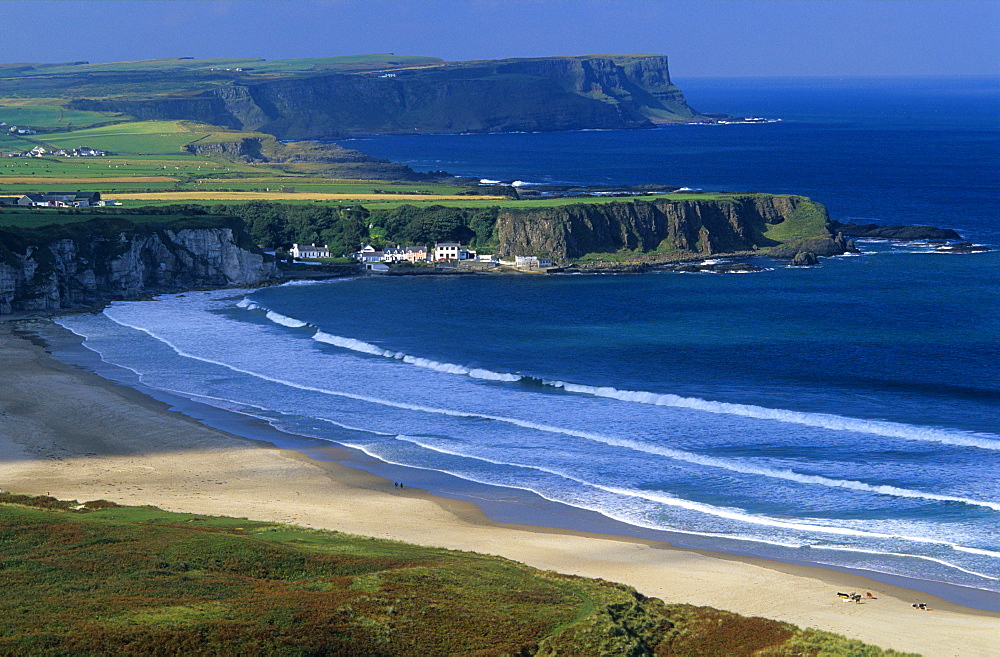 Sweeping beach in a bay in the sunlight, White Park Bay, Portbradden, County Antrim, Ireland, Europe