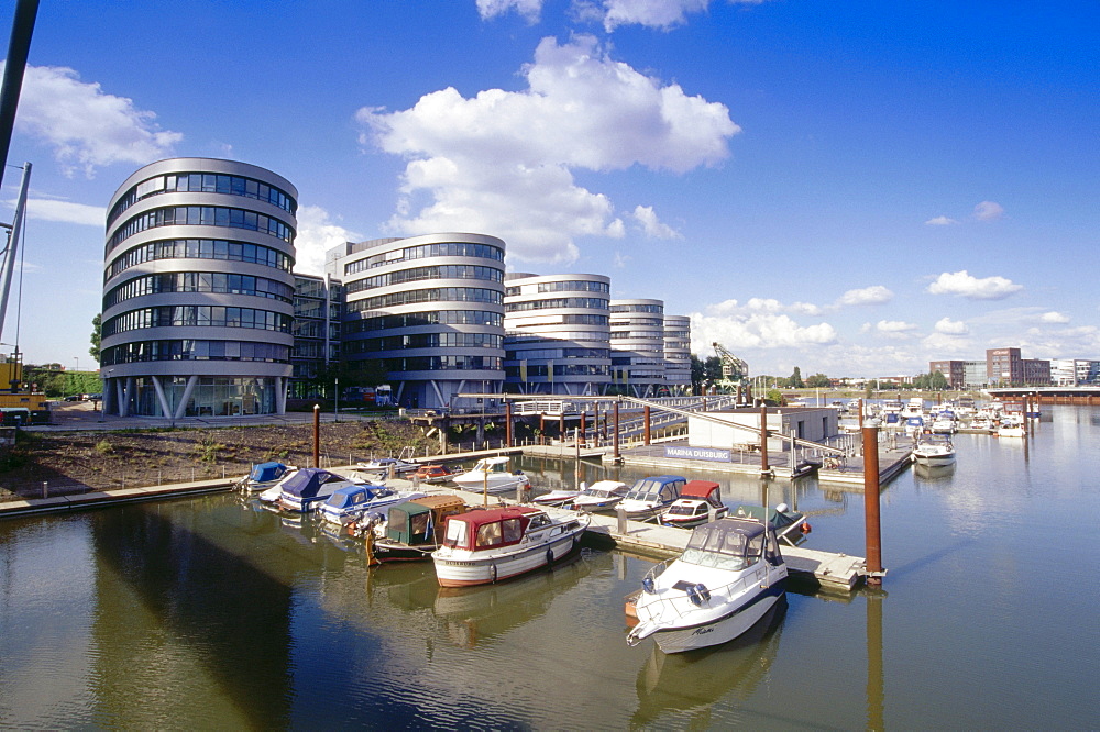 Marina with office buildings Five Boats, Inland harbour, Duisburg, Ruhr Valley, Ruhr, North Rhine Westphalia, Germany