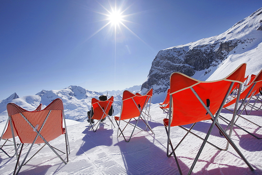 Deck chairs in the snow, Zurs, Arlberggebiet, Austria