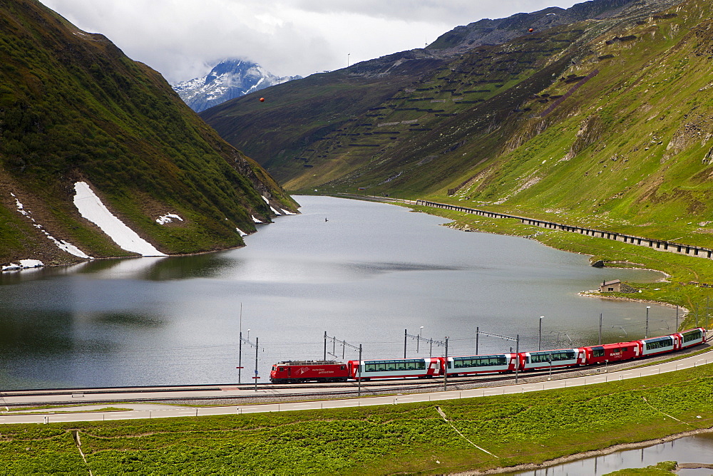 Glacier Express at Oberalppass, Oberalp, Canton of Uri and Graubuenden, Switzerland