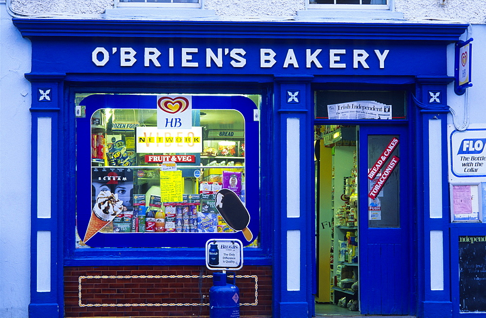 Blue facade of O'Brien's Bakery, Ennistymon, County Clare, Ireland, Europe