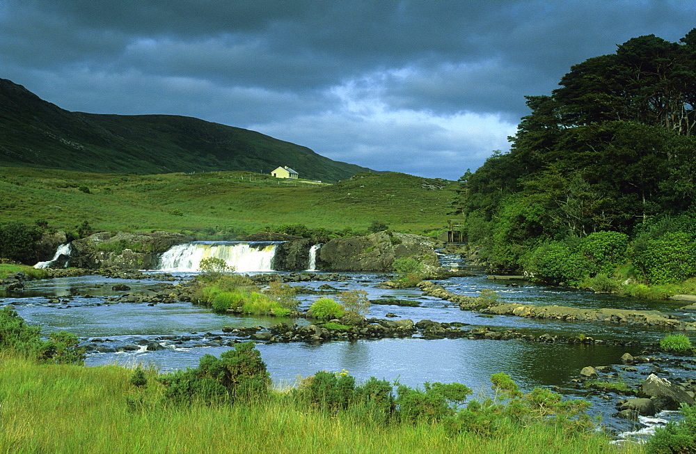 View at the Aasleagh Falls under clouded sky, Connemara, County Mayo, Ireland, Europe