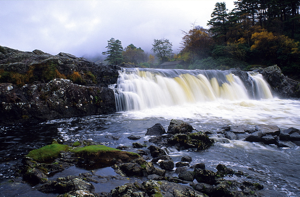 View at the Aasleagh Falls under clouded sky, Connemara, County Mayo, Ireland, Europe