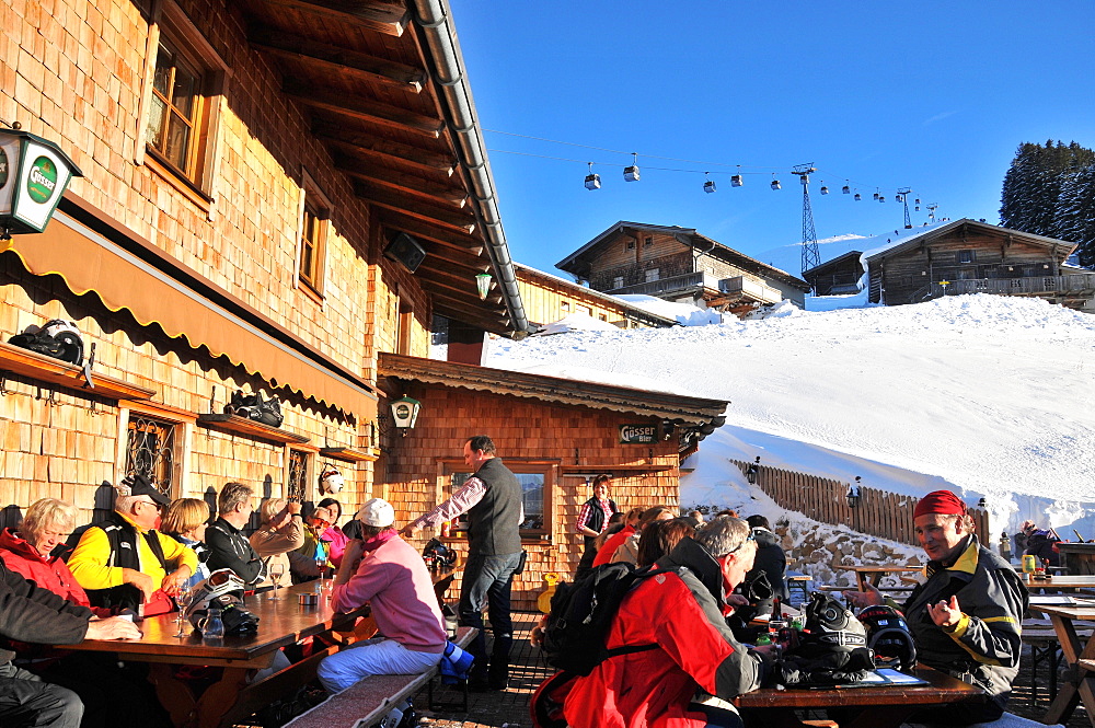 Fleckalm in the skiarea Ehrenbachhoehe over Kitzbuehel, Winter in Tyrol, Austria, Europe