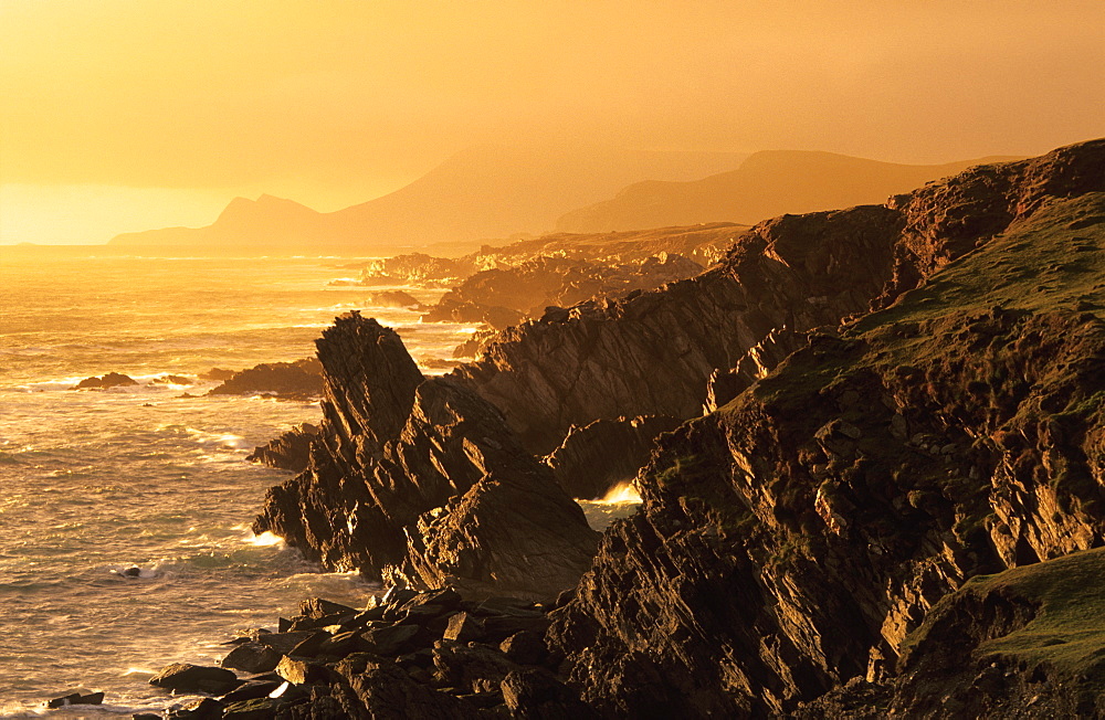 Coast area on Achill Island at sunset, County Mayo, Ireland, Europe