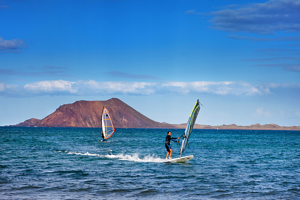 Windsufer near the Island of Lobos, Corralejo, Fuerteventura, Canary Islands, Spain