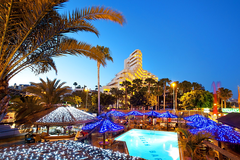 Hotel and Bar in the evening, Playa de Ingles, Gran Canaria, Canary Islands, Spain