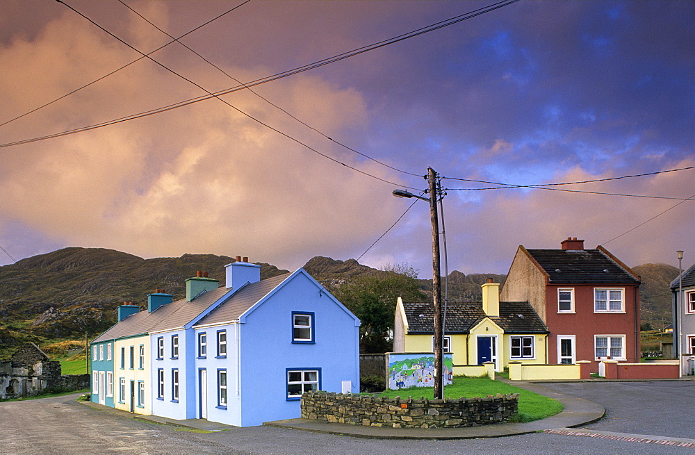 Colourful houses under clouded sky, Allihies, Beara peninsula, County Cork, Ireland, Europe