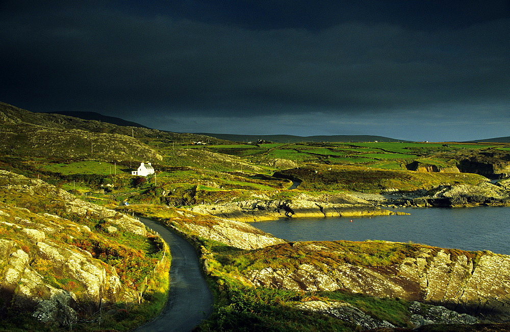 Coast area at the Ring of Beara under thunder clouds, County Cork, Ireland, Europe