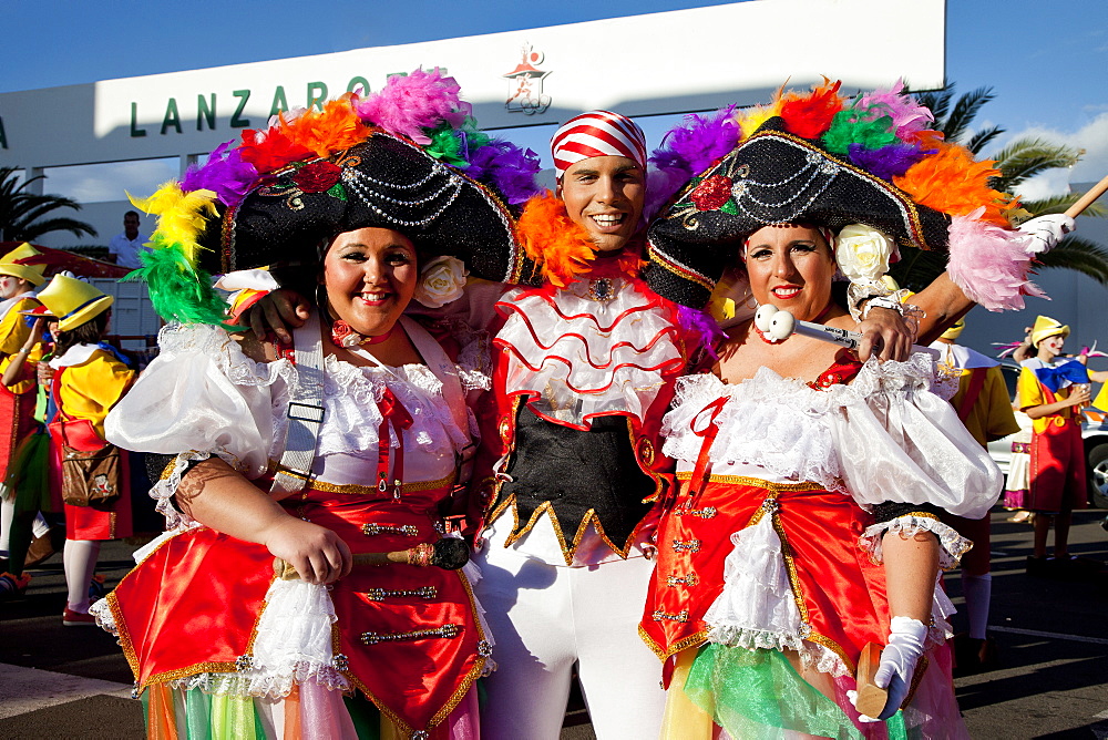 Disguised people at carnival procession, Arrecife, Lanzarote, Canary Islands, Spain, Europe