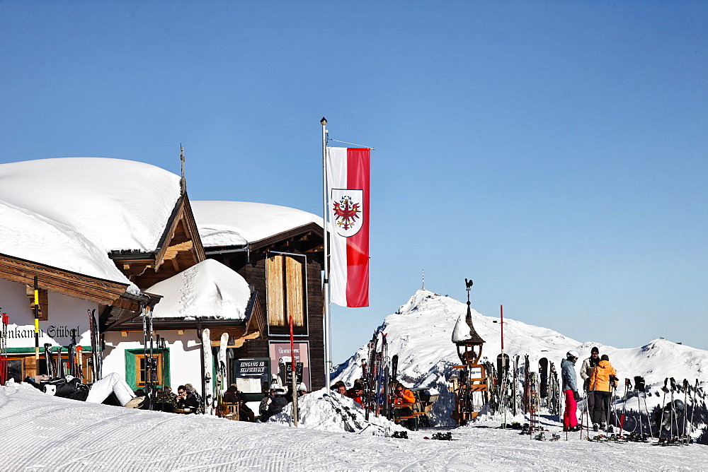 Restaurant Hahnenkamm, Summit, Kitzbuehler Horn in the background, Kitzbuhel, Tyrol, Austria