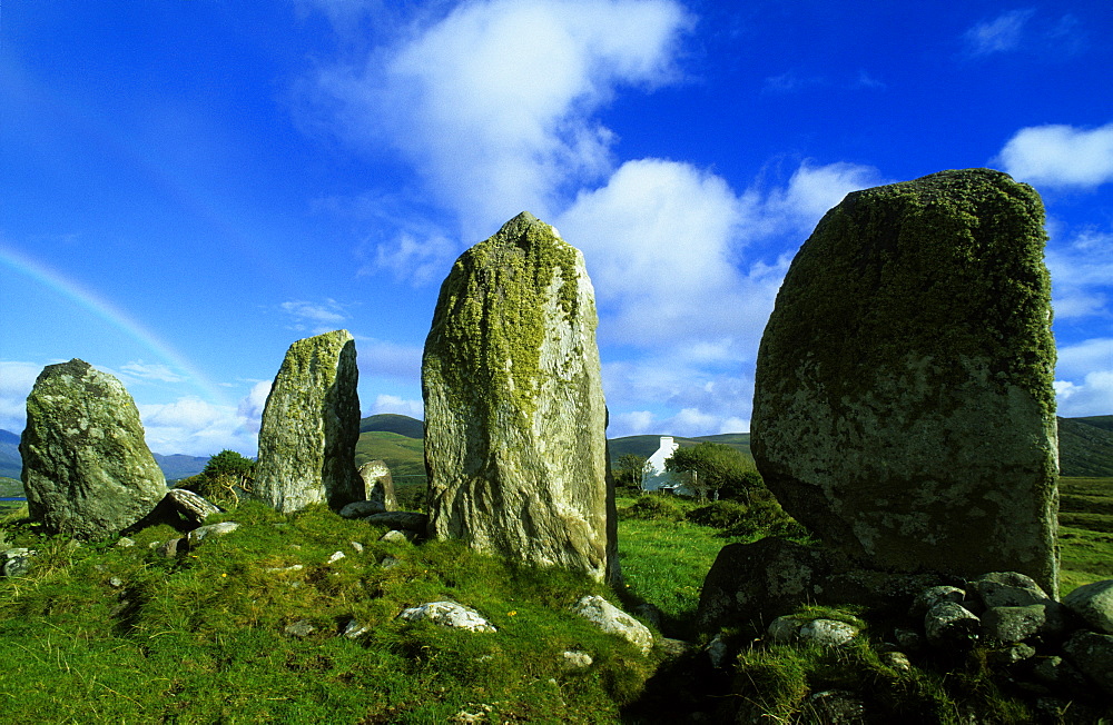 Menhirs under blue sky, County Kerry, Ireland, Europe