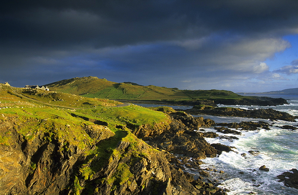 Coast area and ocean under rain clouds, Achill Island, County Mayo, Ireland, Europe