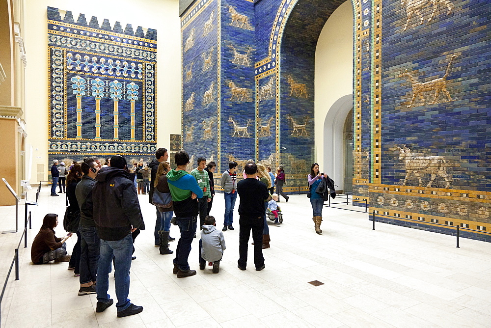 Sculpture, mural, visitors, Pergamon Museum, the Pergamon temple, antique collection, blue wall tiles, Museum Island, Berlin State Museums, Prussian Cultural Heritage Foundation, Berlin, Germany