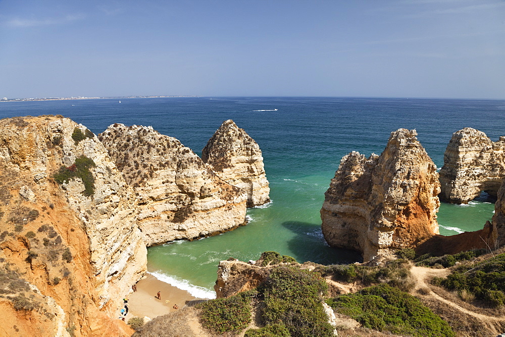 High angle view of beach in a bay near Lagos, Atlantic Coast, Algarve, Portugal, Europe