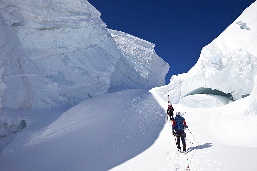 Ski mountaineers in a crevasse, Mont Blanc du Tacul, Chamonix, Mont-Blanc, France