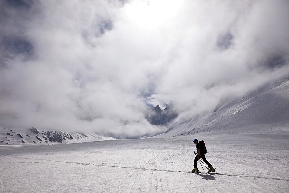 Backcountry skier on glacier, Chamonix Mont Blanc, France, Europe