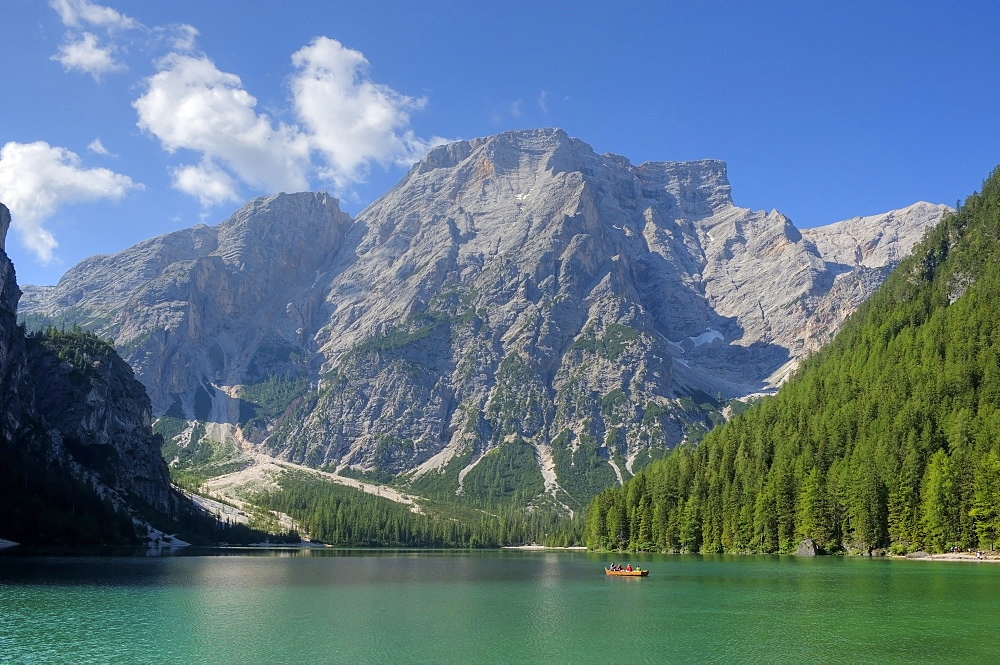 Lake Pragser Wildsee in the sunlight, Dolomites, South Tyrol, Italy, Europe