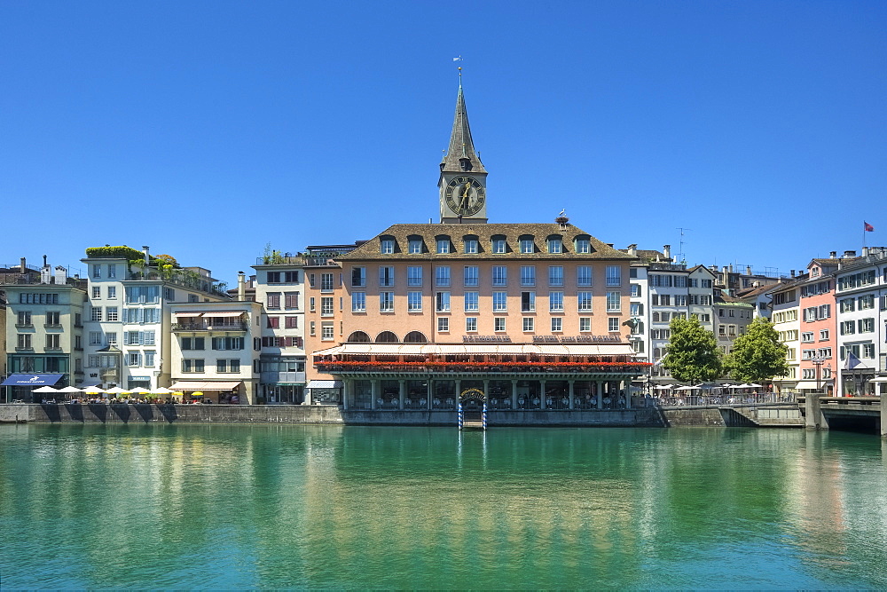 Limmat river with St. Peter and Hotel zum Storchen, Zurich, Switzerland, Europe