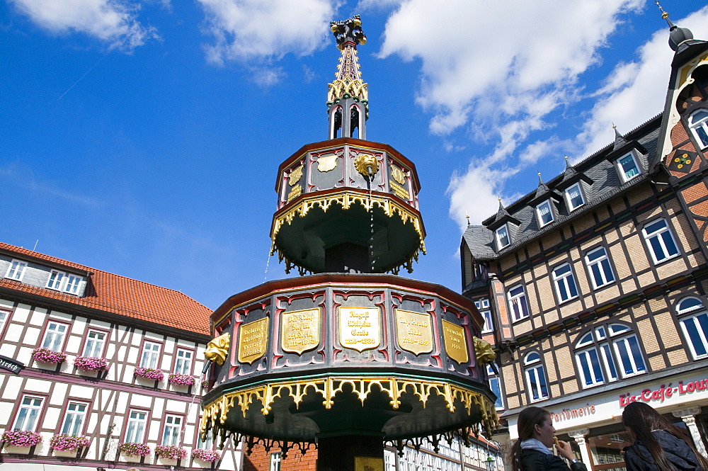 Fountain, hotel Weisser Hirsch, White Stag, Wernigerode, Harz, Saxony-Anhalt, Germany