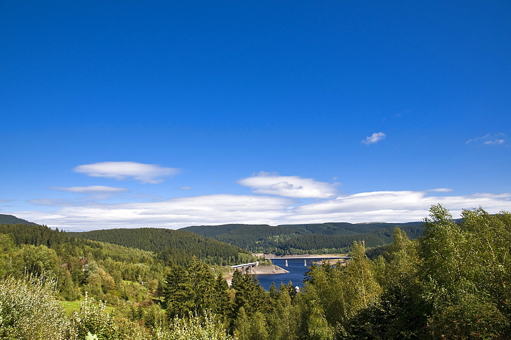 Oker Reservoir with a view on the bridge, Oker dam, Harz, Lower Saxony, Germany