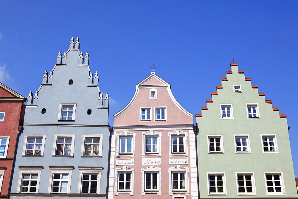 Historic facades along Neustadt Lane, Landshut, Lower Bavaria, Bavaria, Germany, Europe