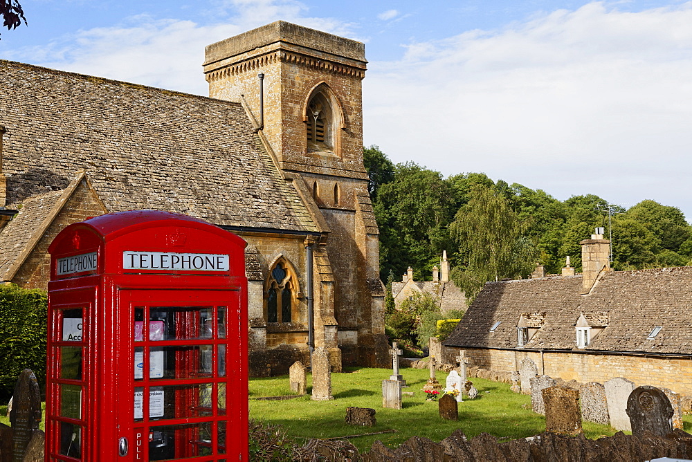 Telephone booth in front of St. Barnabas church, Snowshill, Gloucestershire, Cotswolds, England, Great Britain, Europe