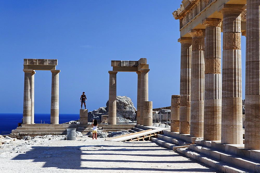 Reconstructed columns of the acropolis, Lindos, Rhodes, Dodecanese Islands, Greece, Europe