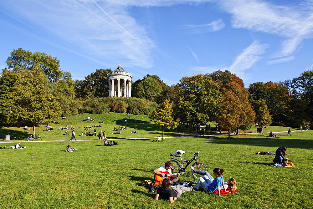 View over meadows onto Monopteros temple, Englischer Garten, English Garden, Schwabing, Munich, Upper Bavaria, Bavaria, Germany, Europe