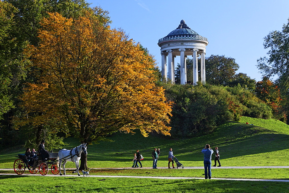 View over meadows onto Monopteros temple, Englischer Garten, English Garden, Schwabing, Munich, Upper Bavaria, Bavaria, Germany, Europe