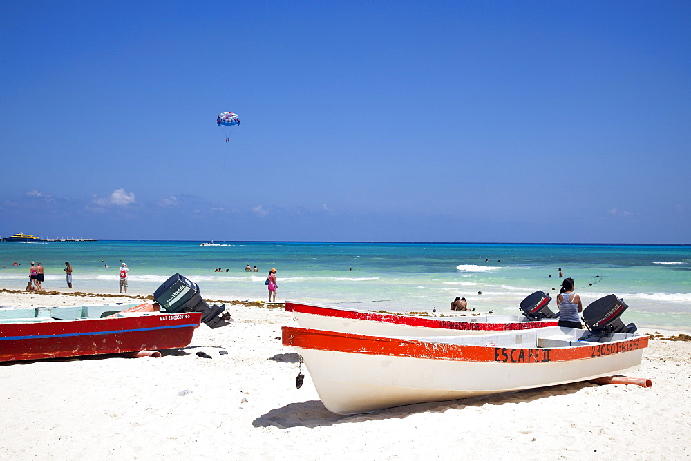 Fishing boats on the beach, Playa del Carmen, Riviera Maya, Quintana Roo, Mexico