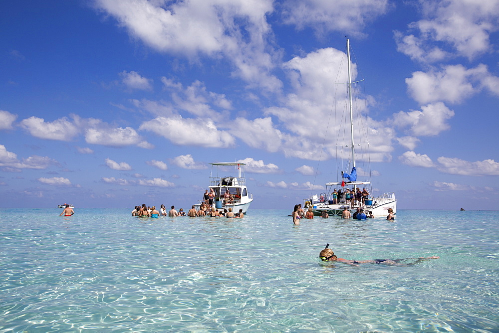 Snorkeler and excursion boats at Stingray City sand bank, Grand Cayman, Cayman Islands, Caribbean