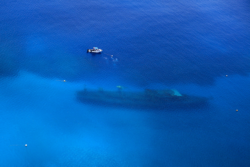 Aerial view of Kittiwake shipwreck artificial reef dive site, Grand Cayman, Cayman Islands, Caribbean