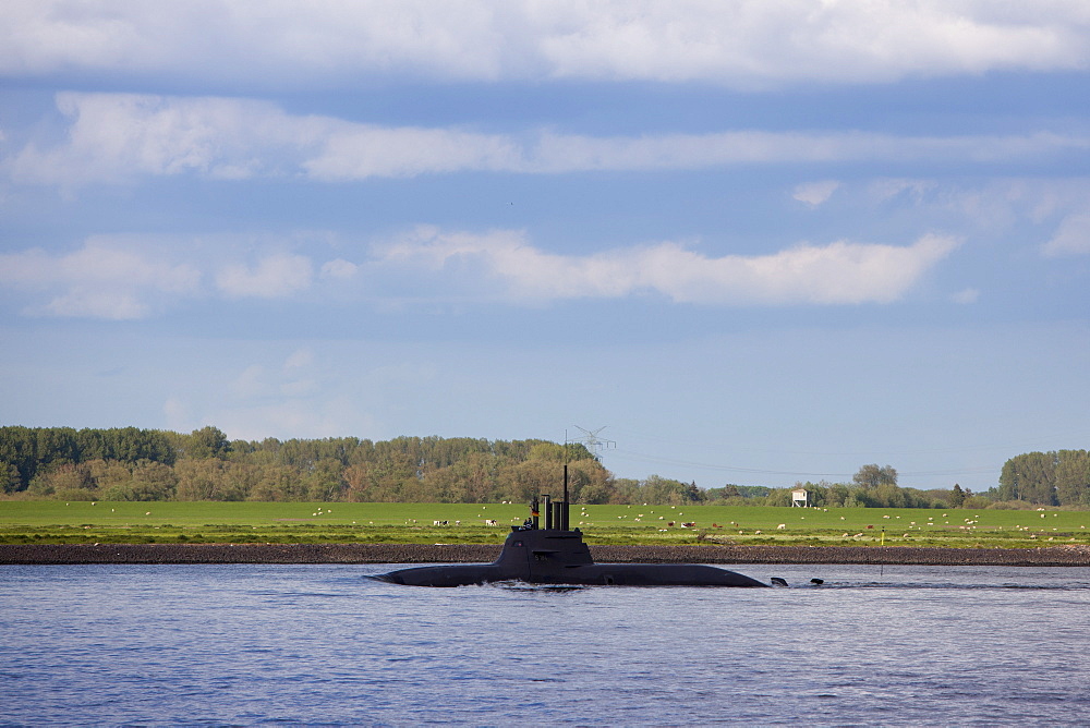 German submarine U 34 on Elbe river in front of green meadow on the riverbanks, Stade, Lower Saxony, Germany, Europe