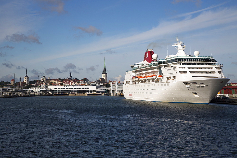 Cruise ship MS Empress in front of steeples of Tallinn, Harjumaa, Estonia, Baltic States, Europe