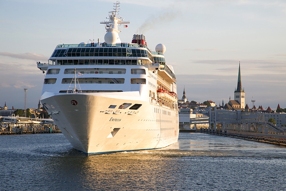 Cruise ship MS Empress in front of steeples in the evening light, Tallinn, Harjumaa, Estonia, Baltic States, Europe