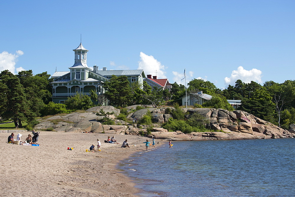 People relaxing and playing on beach, Hanko, Southern Finland, Finland, Europe