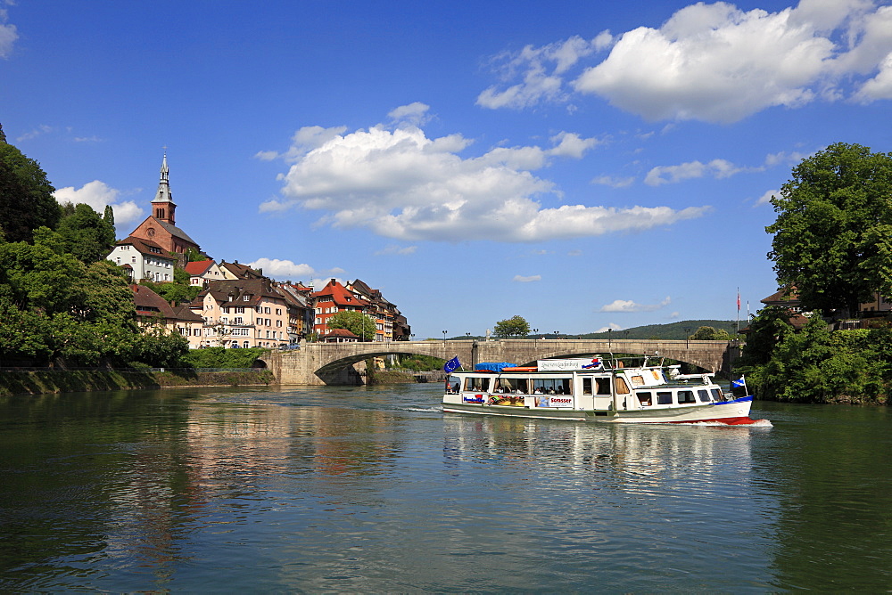 View at bridge and riverine town, Laufenburg, High Rhine, Black Forest, Baden-Wuerttemberg, Germany, Europe