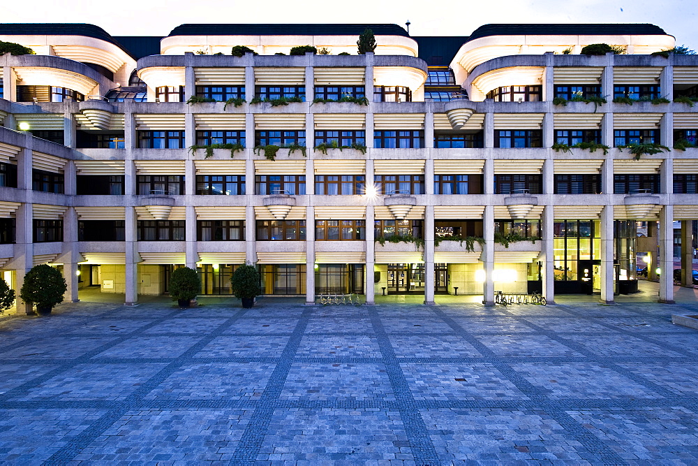 The illuminated municipality in the evening, Linz, Upper Austria, Austria
