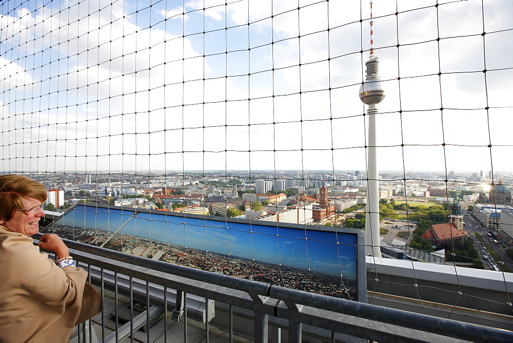 View of the television tower from the roof deck of the Park Inn Hotel, Alexanderplatz, Berlin, Germany